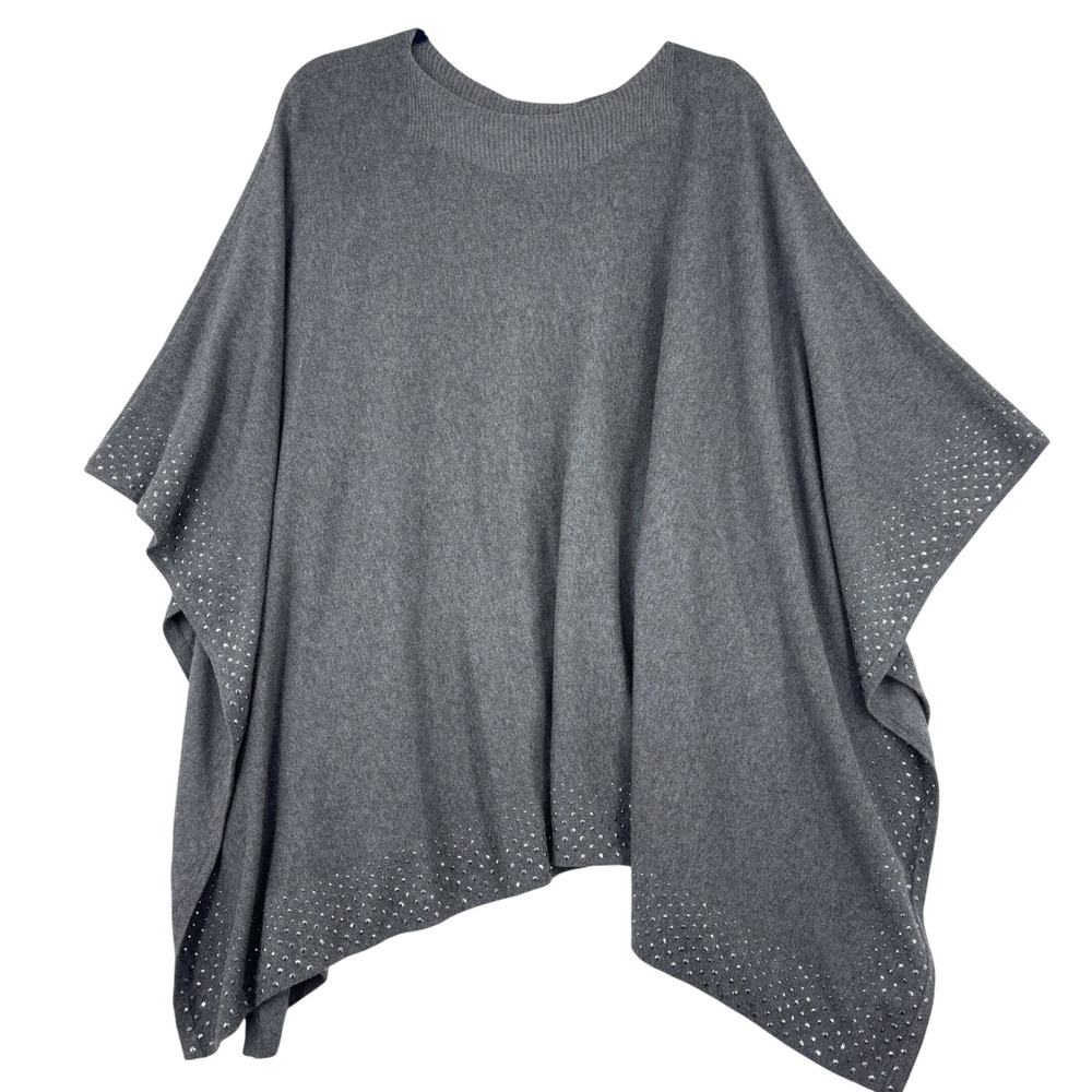 Chico's Poncho Sweater Size L/XL Gray Cashmere Blend Rhinestone Knit Boxy